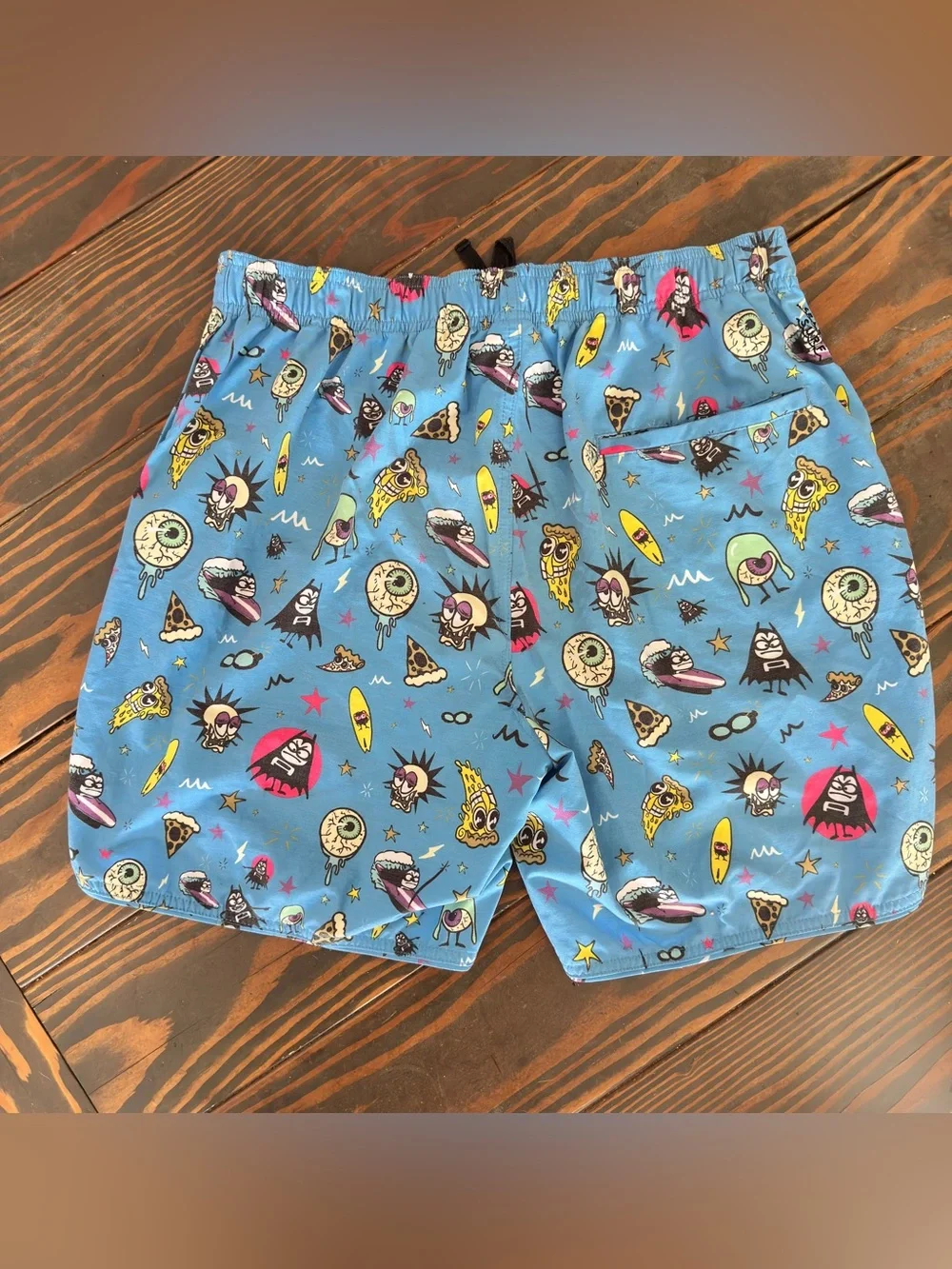 Seaesta Surf x The Aquabats Boardshorts Men 34 Super Cyan Blue Swim Trunks 7”